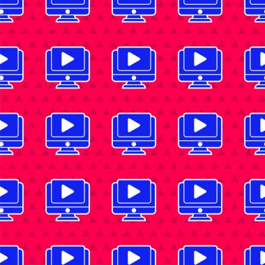 Mavi Online video oynatma simgesi kırmızı arkaplanda izole edilmiş. Bilgisayar monitörü ve oyun işaretli film şeridi. Vektör İllüstrasyonu