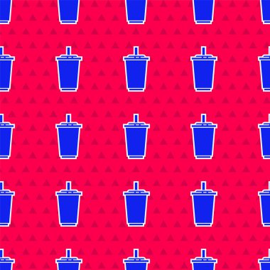 Saman ve su ikonu içen mavi kağıt bardak kırmızı arka planda izole edilmiş. Soda bardağı. Taze soğuk içecek sembolü. Vektör İllüstrasyonu