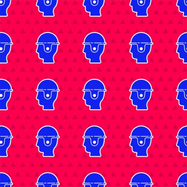 Mavi İşçi Kaskı simgesi kırmızı arka planda izole edilmiş. Vektör İllüstrasyonu