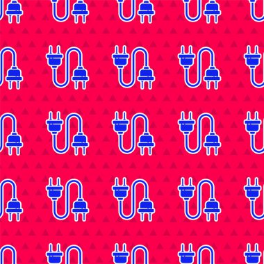 Mavi Elektrik prizi simgesi kırmızı arkaplanda izole edilmiş. Bağlantı kavramı ve elektriğin kesilmesi. Vektör İllüstrasyonu