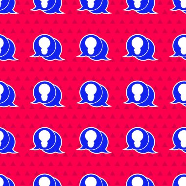 Fikir ikonu kavramına sahip mavi konuşma balonu ve ampul kırmızı arkaplanda izole edilmiş pürüzsüz desen. Enerji ve fikir sembolü. Vektör İllüstrasyonu