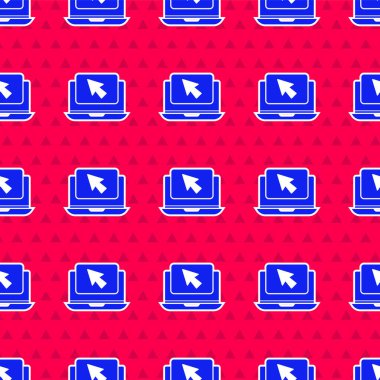 Kırmızı arkaplanda mavi dizüstü bilgisayar ve imleç simgesi izole edilmiş. Boş ekran işaretli bilgisayar defteri. Vektör İllüstrasyonu