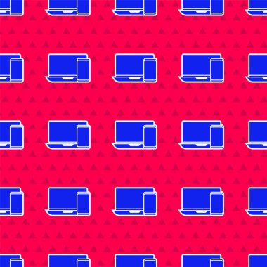 Mavi Bilgisayar monitörü ve cep telefonu simgesi kırmızı arkaplanda izole edilmiş. İnternetten kazanç, pazarlama. Vektör İllüstrasyonu