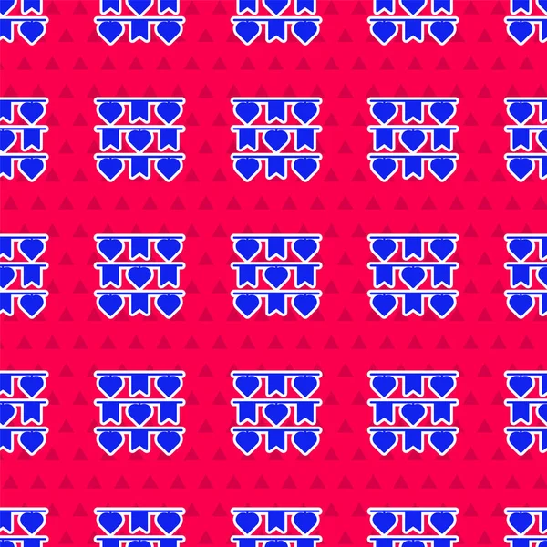 Blå karneval garland med flaggor ikon isolerad sömlös mönster på röd bakgrund. Partypennor för födelsedagsfirande, festivaldekoration. Vektor Illustration — Stock vektor