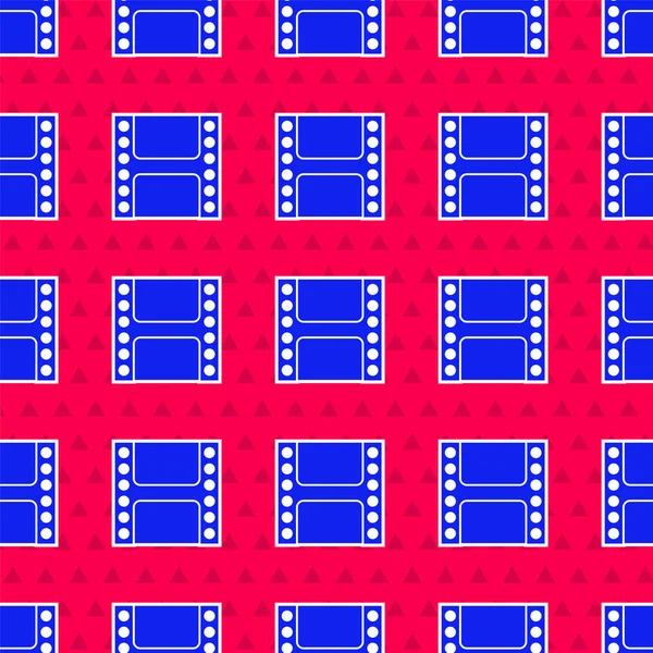 Blue Play Video ikonen isolerade sömlösa mönster på röd bakgrund. Filmskylt. Vektor Illustration — Stock vektor