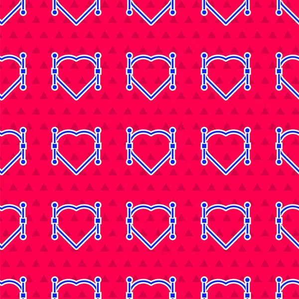 Coeur bleu avec icône courbe Bezier motif isolé sans couture sur fond rouge. Icône outil stylo. Illustration vectorielle — Image vectorielle