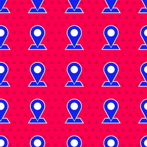 Niebieska ikona ikony Mapa odizolowany bezszwowy wzór na czerwonym tle. Nawigacja, wskaźnik, lokalizacja, mapa, GPS, kierunek, miejsce, kompas, koncepcja wyszukiwania. Ilustracja wektora — Wektor stockowy