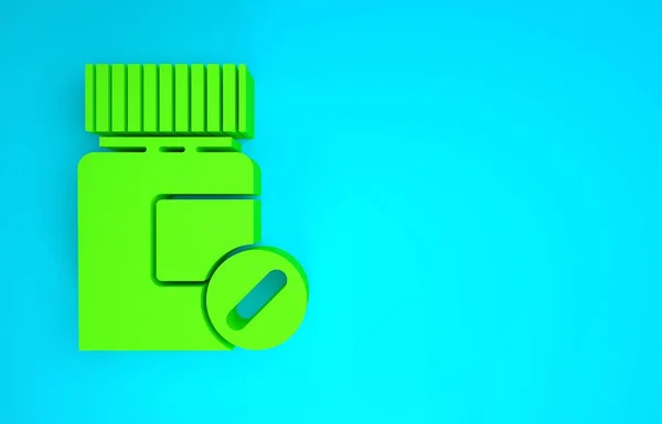 Bouteille de médecine verte et icône pilules isolées sur fond bleu. Signe de pilule. Conception de pharmacie. Concept de minimalisme. Illustration 3D rendu 3D — Photo