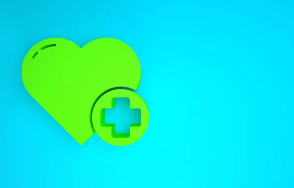 Green Heart with a cross icon isolated on blue background. First aid. Healthcare, medical and pharmacy sign. Minimalism concept. 3d illustration 3D render