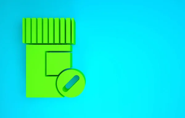 Zielona butelka i ikona pigułek odizolowane na niebieskim tle. Tabliczka z tabletkami. Projekt apteki. Koncepcja minimalizmu. Ilustracja 3d — Zdjęcie stockowe