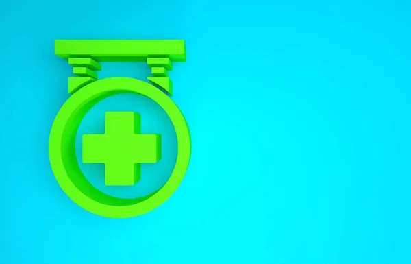 Zöld Kórház tábla ikon elszigetelt kék háttérrel. Minimalizmus koncepció. 3d illusztráció 3D render — Stock Fotó