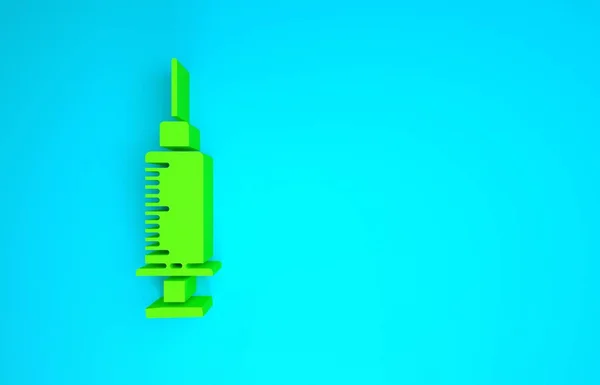 青の背景に隔離された緑のシリンジアイコン。ワクチン、予防接種、注射、インフルエンザのショットのためのシリンジ。医療機器。最小限の概念。3Dイラスト3Dレンダリング — ストック写真