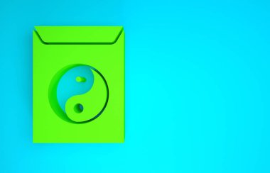 Yeşil Yin Yang ve zarf simgesi mavi arkaplanda izole edilmiş. Uyum ve dengenin sembolü. Minimalizm kavramı. 3d illüstrasyon 3B canlandırma