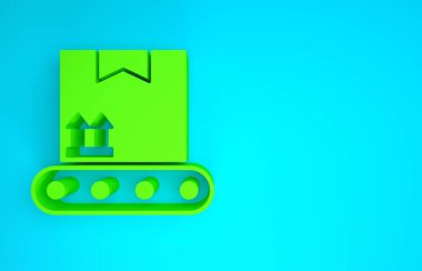 Mavi zemin üzerinde karton kutu simgesi olan yeşil taşıma bandı. Minimalizm kavramı. 3d illüstrasyon 3d canlandırma