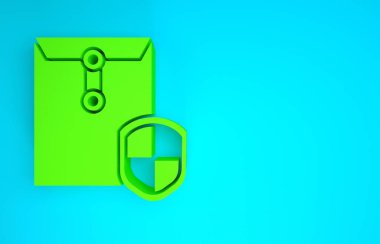 Mavi arka planda izole edilmiş yeşil zarflı kalkan simgesi. Sigorta konsepti. Güvenlik, güvenlik, koruma, konsept koruma. Minimalizm kavramı. 3d illüstrasyon 3B canlandırma