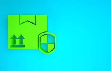 Mavi arka planda kalkan simgesi olan yeşil paket güvenliği. Teslimat sigortası. Kalkanın ötesinde sigorta kutuları var. Minimalizm kavramı. 3d illüstrasyon 3B canlandırma