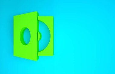 Mavi arkaplanda izole edilmiş vinil disk simgesine sahip yeşil Vinil oynatıcı. Minimalizm kavramı. 3d illüstrasyon 3B canlandırma