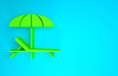 Mavi arkaplanda yeşil güneşli yatak simgesi izole edildi. Plaj şemsiyesi ve dinlenme odası. Minimalizm kavramı. 3d illüstrasyon 3B canlandırma