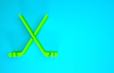 Yeşil buz hokeyi sopaları mavi arka planda izole edilmiş. Minimalizm kavramı. 3d illüstrasyon 3B canlandırma