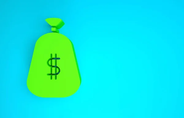 Icono de bolsa de dinero verde aislado sobre fondo azul. Dólar o símbolo USD. Signo de moneda bancaria en efectivo. Concepto minimalista. 3D ilustración 3D render — Foto de Stock