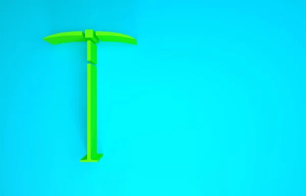 青の背景に緑のピックアックスのアイコンを隔離。最小限の概念。3Dイラスト3Dレンダリング — ストック写真