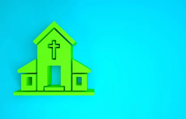 Zöld templom épület ikon elszigetelt kék háttérrel. Keresztény egyház. Az egyház vallása. Minimalizmus koncepció. 3d illusztráció 3D render — Stock Fotó