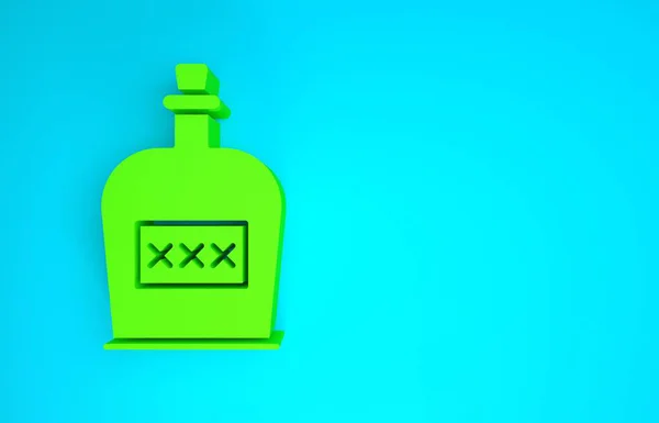 Yeşil Alkol içeceği mavi arka planda izole edilmiş rom şişesi ikonu. Minimalizm kavramı. 3d illüstrasyon 3B canlandırma — Stok fotoğraf