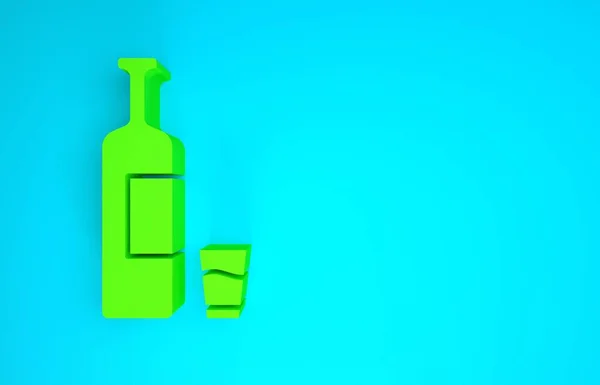 Botella de whisky verde e icono de vidrio aislado sobre fondo azul. Concepto minimalista. 3D ilustración 3D render — Foto de Stock