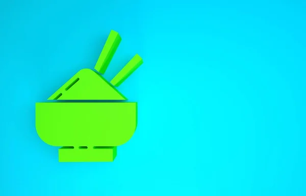 Grüner Reis in einer Schüssel mit Essstäbchen-Symbol auf blauem Hintergrund. Traditionelle asiatische Küche. Minimalismus-Konzept. 3D Illustration 3D Renderer — Stockfoto