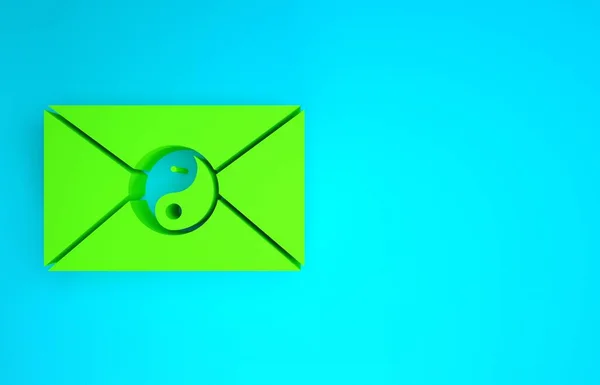 Yin Yang vert et icône de l'enveloppe isolée sur fond bleu. Symbole d'harmonie et d'équilibre. Concept de minimalisme. Illustration 3D rendu 3D — Photo