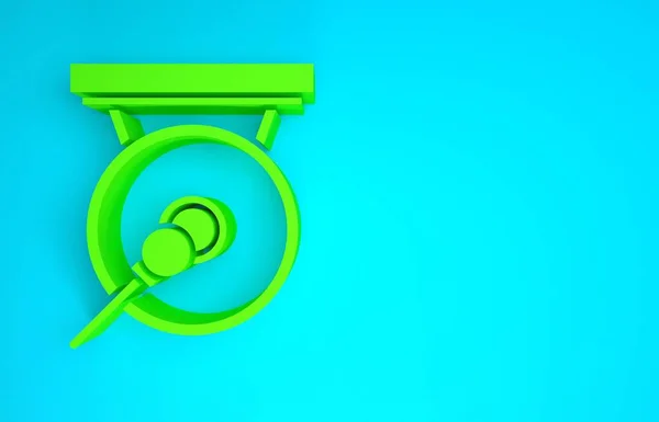 Green Gong zenei ütőhangszerek kör alakú fém lemez és kalapács ikon elszigetelt kék háttérrel. Minimalizmus koncepció. 3d illusztráció 3D render — Stock Fotó