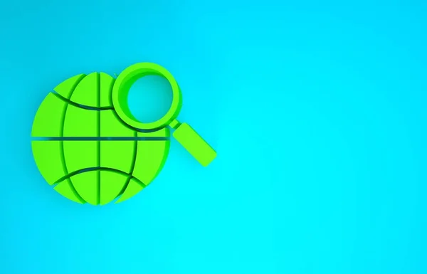 Groen Vergrootglas met bol pictogram geïsoleerd op blauwe achtergrond. De wereld analyseren. Wereldwijd zoekteken. Minimalisme concept. 3d illustratie 3D renderen — Stockfoto
