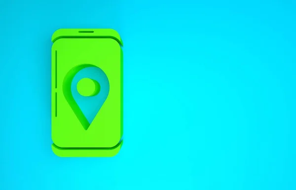 Grön mobil smart telefon med app leverans spårnings ikon isolerad på blå bakgrund. Paketspårning. Minimalistiskt koncept. 3D-illustration 3D-återgivning — Stockfoto