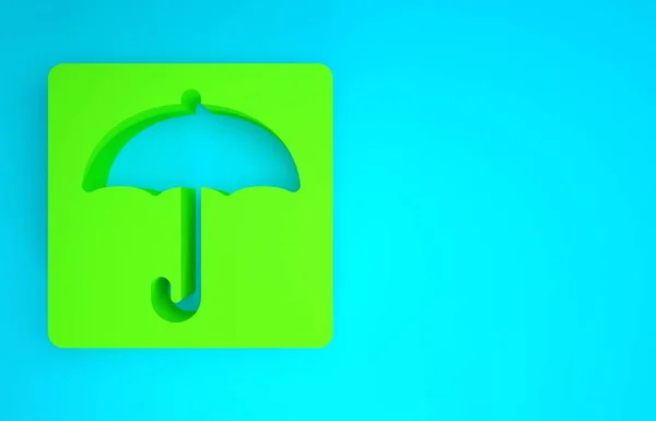 Icono de paraguas verde aislado sobre fondo azul. Icono impermeable. Protección, seguridad, concepto de seguridad. Símbolo resistente al agua. Concepto minimalista. 3D ilustración 3D render — Foto de Stock