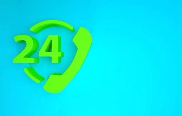 绿色电话24小时支持图标隔离蓝色背景. 全天客户支持呼叫中心。 全职电话服务。 最低纲领的概念。 3d说明3d — 图库照片