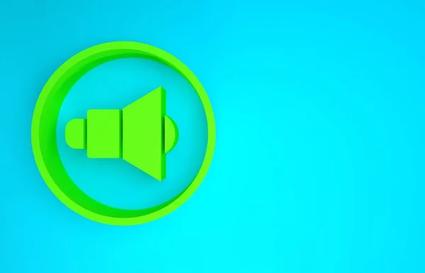 Volumen del altavoz verde, símbolo de sonido de voz de audio, icono de música multimedia aislado sobre fondo azul. Concepto minimalista. 3D ilustración 3D render —  Fotos de Stock