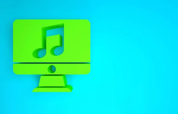 Computer verde con il simbolo della nota musicale sull'icona dello schermo isolato su sfondo blu. Concetto minimalista. Illustrazione 3d rendering 3D — Foto Stock