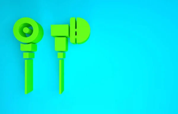 Green Air hoofdtelefoon pictogram geïsoleerd op blauwe achtergrond. Houder draadloos in het geval oortelefoons garniture elektronische gadget. Minimalisme concept. 3d illustratie 3D renderen — Stockfoto