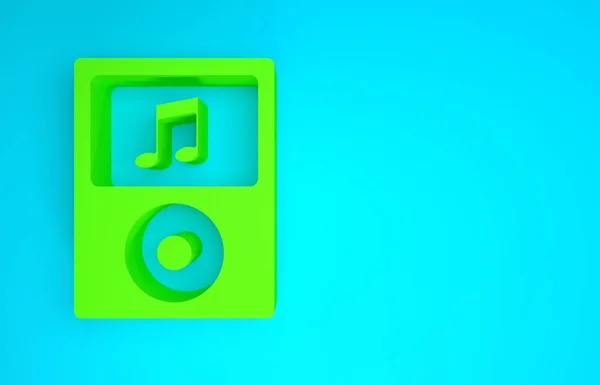 Ikona zielonego odtwarzacza muzycznego na niebieskim tle. Przenośne urządzenie muzyczne. Koncepcja minimalizmu. Ilustracja 3D 3D renderowania — Zdjęcie stockowe