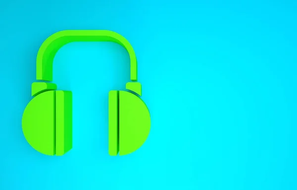 Grünes Kopfhörersymbol isoliert auf blauem Hintergrund. Kopfhörer. Konzept zum Hören von Musik, Service, Kommunikation und Bedienung. Minimalismus-Konzept. 3D Illustration 3D Renderer — Stockfoto