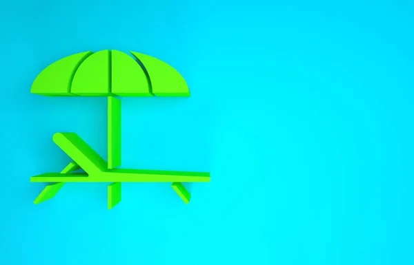 Зеленый значок солнечного света на синем фоне. Пляжный зонтик и шезлонг. Концепция минимализма. 3D-рендеринг — стоковое фото