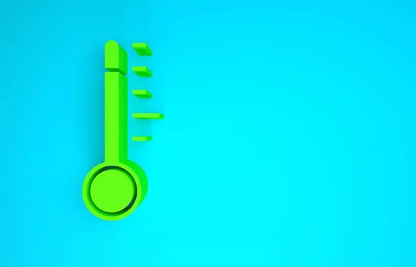 Das grüne Thermometer-Messsymbol ist auf blauem Hintergrund isoliert. Thermometer, die heißes oder kaltes Wetter anzeigen. Minimalismus-Konzept. 3D Illustration 3D Renderer — Stockfoto