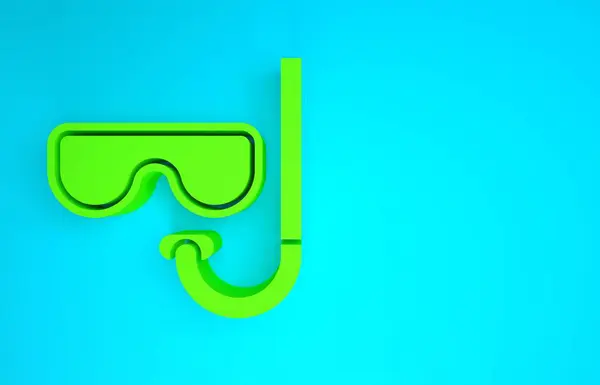 Зелена маска для дайвінгу та піктограма сноркеля ізольовані на синьому фоні. Екстремальний спорт. Дайвінг підводне обладнання. Концепція мінімалізму. 3D ілюстрація 3D рендеринга — стокове фото