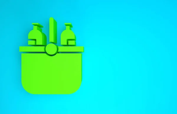 Bolsa de enfriamiento verde e icono de agua aislados sobre fondo azul. Bolsa congeladora portátil. Refrigerador de mano. Concepto minimalista. 3D ilustración 3D render —  Fotos de Stock