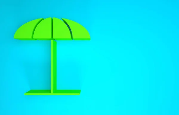 Зелене сонце захисна парасолька для значка пляжу ізольована на синьому фоні. Великий парасоль для відкритого простору. Пляжна парасолька. Концепція мінімалізму. 3D ілюстрація 3D рендеринга — стокове фото