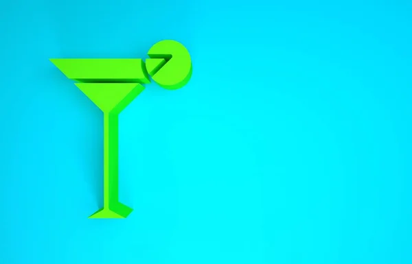 Зеленый стеклянный значок Martini на синем фоне. Икона коктейля. Значок из винного стекла. Концепция минимализма. 3D-рендеринг — стоковое фото