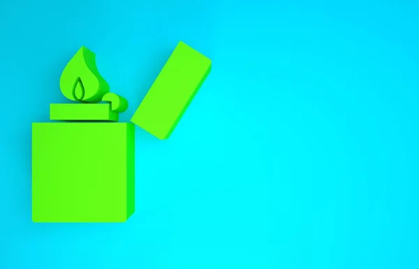 Icono de encendedor verde aislado sobre fondo azul. Concepto minimalista. 3D ilustración 3D render —  Fotos de Stock