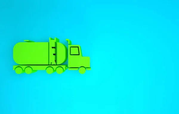 Groene tankwagen pictogram geïsoleerd op blauwe achtergrond. Aardolietanker, benzinetruck, reservoir, olietrailer. Minimalisme concept. 3d illustratie 3D renderen — Stockfoto