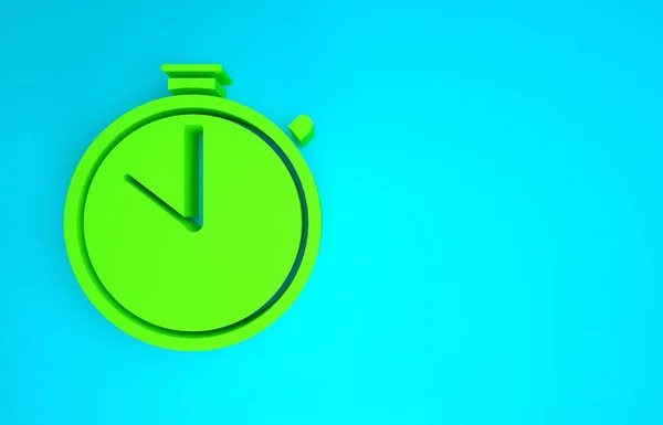 蓝色背景上孤立的绿色秒表图标。时间计时器标志。验尸官的标志最低纲领的概念。3D渲染3D插图 — 图库照片