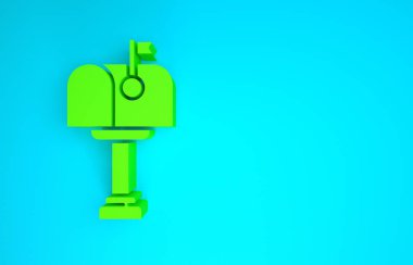 Mavi arkaplanda yeşil posta kutusu simgesi izole edildi. Posta kutusu simgesi. Posta kutusunda bayrak var. Minimalizm kavramı. 3d illüstrasyon 3B canlandırma